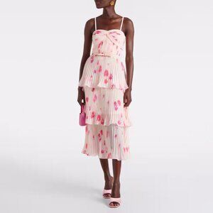 Self Portrait Printed Chiffon Tiered Midi Dress Floral Beige Pink Size 8 NEW NWT